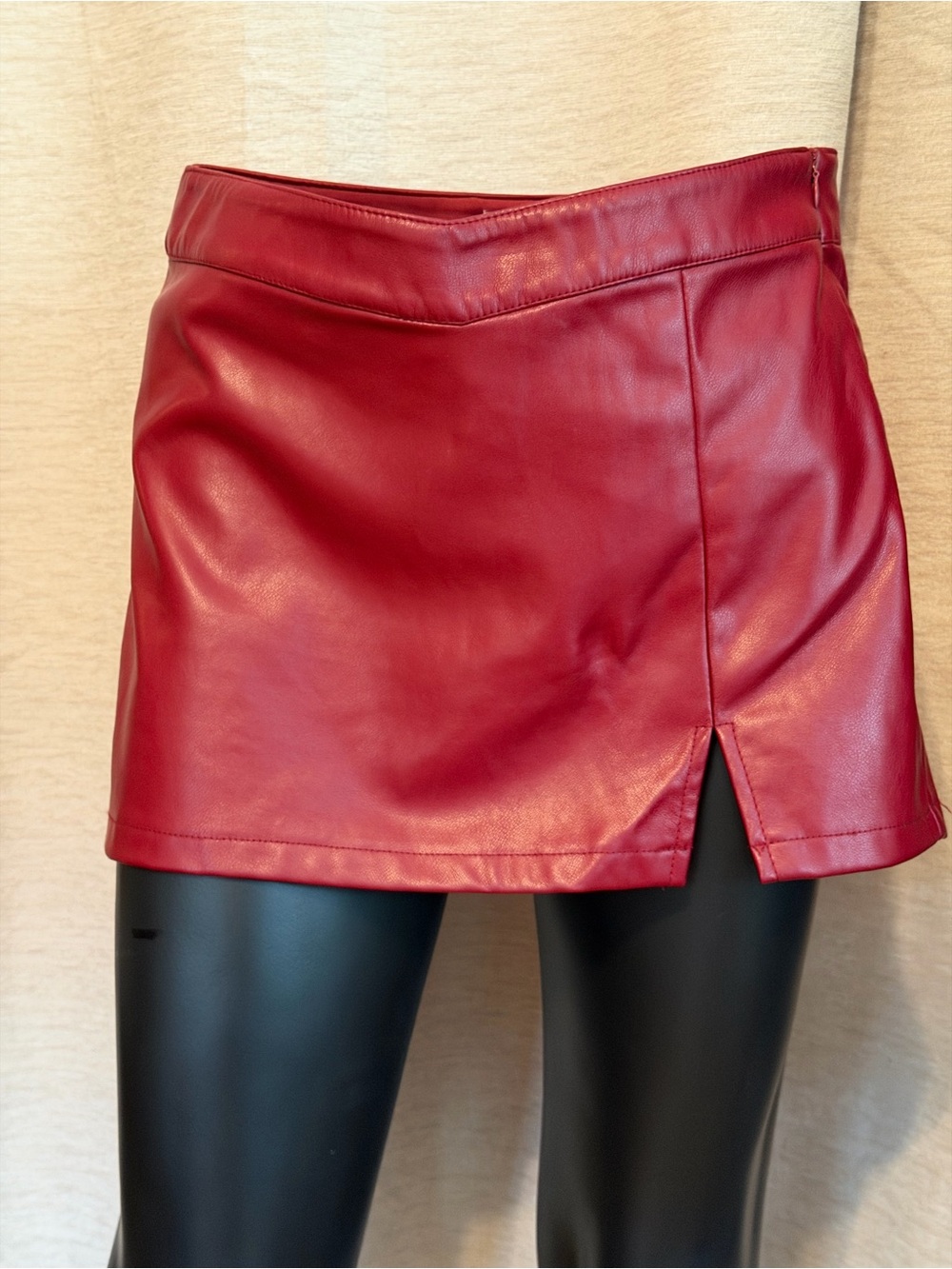 Garage Burgundy Faux Leather Mini Skirt with Front Notch